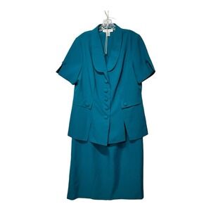 Allison‎ Woods Teal Blue 2 Piece Skirt Suit Set Women 14W Short Sleeve Blazer